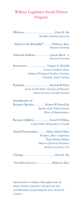 Wilkins Legislative Award Dinner Program