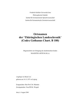 Ortsnamen Der ‘Thüringischen Landeschronik’ (Codex Gothanus Chart