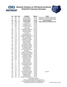 Memphis Grizzlies on FOX Sports Southeast 2018-2019 Television Schedule