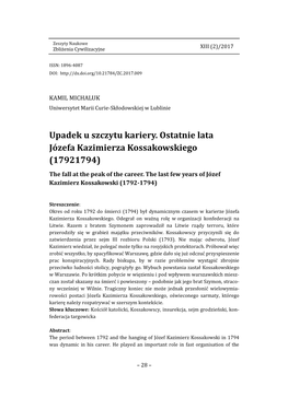 Upadek U Szczytu Kariery. Ostatnie Lata Józefa Kazimierza Kossakowskiego (17921794) the Fall at the Peak of the Career