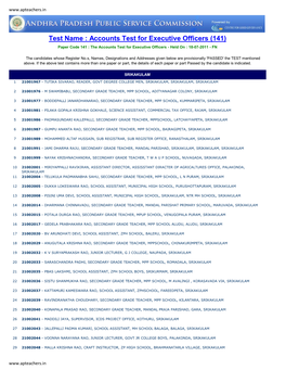 Test Name : Accounts Test for Executive Officers (141) Paper Code 141 : the Accounts Test for Executive Officers - Held on : 18-07-2011 - FN