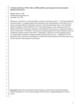 Carbonic Anhydrase VIII (CA8) Is a Differentially Expressed Gene in Brain Metastatic Human Breast Cancer