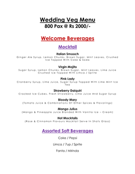 Wedding Veg Menu 800 Pax @ Rs 2000