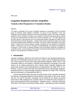 Linguistic Scepticism and the Jung-Wien Towards a New Perspective in Translation Studies