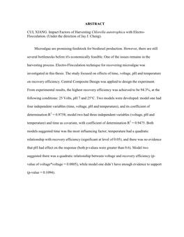 ABSTRACT CUI, XIANG. Impact Factors of Harvesting Chlorella