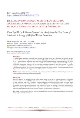 De La Televisión De Pago Al Video Bajo Demanda. Análisis De La Primera Temporada De La Estrategia De Producción Original De Ficción De Movistar+