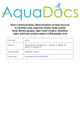 Determination of Total Mercury in Common Carp, Cyprinus Carpio