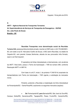 Caçador, 19 De Julho De 2019. Á ANTT – Agência Nacional De