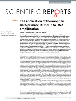 The Application of Thermophilic DNA Primase Ttdnag2 to DNA Amplifcation Received: 17 July 2017 D