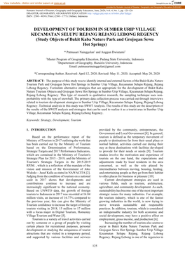 DEVELOPMENT of TOURISM in SUMBER URIP VILLAGE KECAMATAN SELUPU REJANG REJANG LEBONG REGENCY (Study Objects of Bukit Kaba Nature Park and Grojogan Sewu Hot Springs)