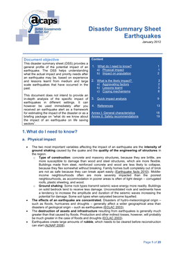 1. 2. Disaster Summary Sheet 3. Earthquakes January 2012