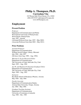 Philip A. Thompsen, Ph.D. Curriculum Vita 219 Wayne Hall, West Chester, PA, 19383 (484) 639-9191 • Pthompsen@Wcupa.Edu