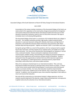 Associated Colleges of the South Statement on Recent ICE Policy Change for International Students