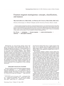 Foramen Magnum Meningiomas: Concepts, Classifications, and Nuances