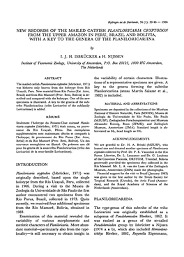 Utrecht), the Artis Fund (Amster- Holotype from the Rio Ucayali, Peru, Collected Dam), and the Royal Academy of Sciences of the 1966