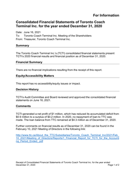 Consolidated Financial Statements of the Toronto Coach Terminal Inc. For
