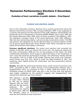 Romanian Parliamentary Elections 6 December, 2020 Evolution of Toxic Narratives in Public Debate – Final Report