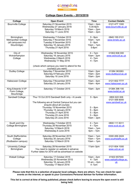 College Open Events – 2015/2016