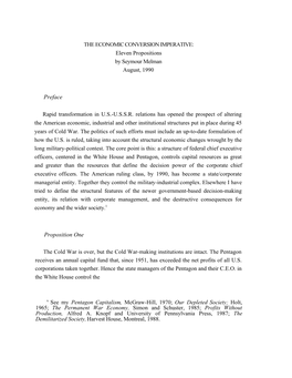 THE ECONOMIC CONVERSION IMPERATIVE: Eleven Propositions by Seymour Melman a Ugust, 1990