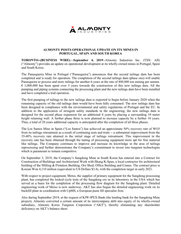 Almonty Posts Operational Update on Its Mines in Portugal, Spain and South Korea