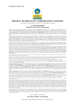 BHARAT PETROLEUM CORPORATION LIMITED (Incorporated with Limited Liability in the Republic of India) U.S.$2,000,000,000 Medium Term Note Programme