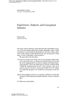 Parfit, Derek, Expeiriences, Subjects, And, Conceptual Schemes , Philosophical Topics, 26:1/2 (1999:Spring/Fall) P.217