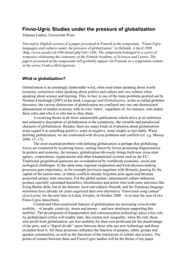 Finno-Ugric Studies Under the Pressure of Globalization Johanna Laakso, Universität Wien