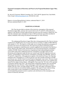 Projected Consumption of Electricity and Water by the Proposed Resolution Copper Mine, Arizona Dr. Steven H. Emerman, Malach