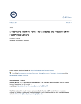 Modernizing Matthew Paris: the Standards and Practices of the First Printed Editions