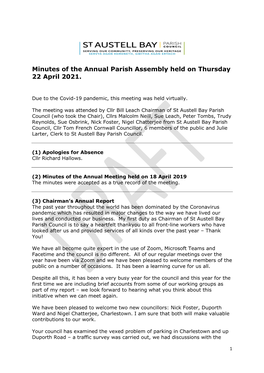 Minutes of the Annual Parish Assembly Held on Thursday 22 April 2021