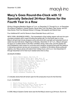 Macy's Goes Round-The-Clock with 12 Specially Selected 24-Hour Stores for the Fourth Year in a Row