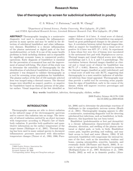 Use of Thermography to Screen for Subclinical Bumblefoot in Poultry