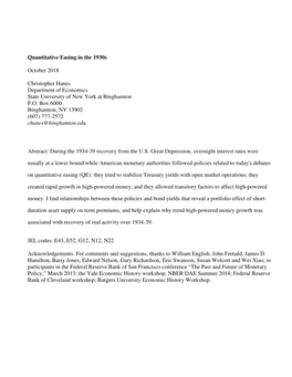 Quantitative Easing in the 1930S October 2018 Christopher Hanes Department of Economics State University of New York at Binghamt