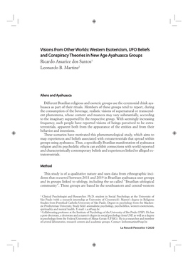 Western Esotericism, UFO Beliefs and Conspiracy Theories in New Age Ayahuasca Groups Ricardo Assarice Dos Santos 1 Leonardo B