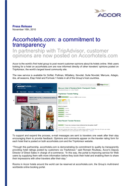 Accorhotels.Com: a Commitment to Transparency in Partnership with Tripadvisor, Customer Opinions Are Now Posted on Accorhotels.Com