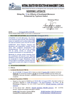 NDRRMC Update Sit Rep 12 Effects of Southwest Monsoon, 12 AUGUST 2012.Mdi