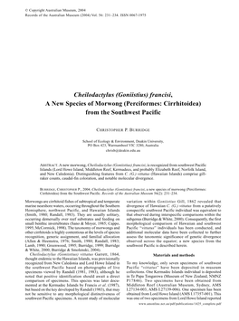 Cheilodactylus (Goniistius) Francisi, a New Species of Morwong (Perciformes: Cirrhitoidea) from the Southwest Pacific