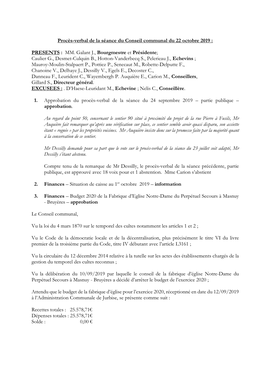 Procès-Verbal De La Séance Du Conseil Communal Du 22 Octobre 2019