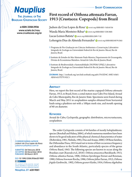 Nauplius Short Communication the Journal of the First Record of Oithona Attenuata Farran, Brazilian Crustacean Society 1913 (Crustacea: Copepoda) from Brazil