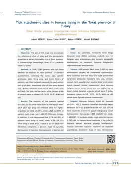 Tick Attachment Sites in Humans Living in the Tokat Province of Turkey Tokat Ilinde Yaşayan Insanlardaki Kene Tutunma Bölgelerinin Değerlendirilmesi