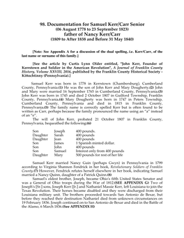 98. Documentation for Samuel Kerr/Carr Senior (06 August 1778 to 23 September 1823) Father of Nancy Kerr/Carr (1809 to After 1838 and Before 31 May 1840)