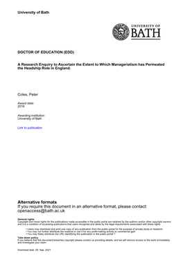 (EDD) a Research Enquiry to Ascertain the Extent to Which Managerialism Has Permeated the Headship Role in England. Coles, Peter