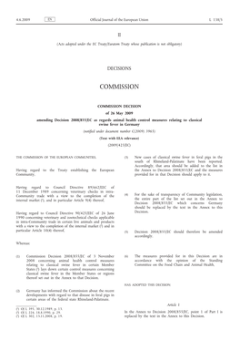 Commission Decision of 26 May 2009 Amending Decision 2008/855/EC As Regards Animal Health Control Measures Relating to Classica