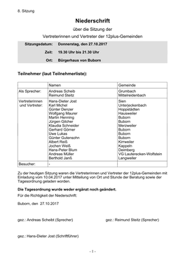 Niederschrift Über Die Sitzung Der Vertreterinnen Und Vertreter Der 12Plus-Gemeinden Sitzungsdatum: Donnerstag, Den 27.10.2017