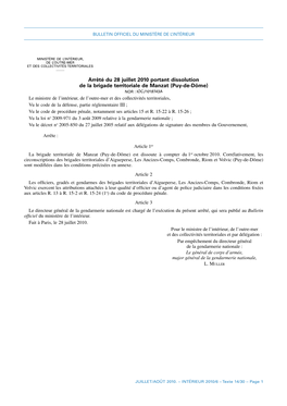 Arrêté Du 28 Juillet 2010 Portant Dissolution De La Brigade Territoriale De Manzat (Puy-De-Dôme)