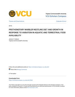 Prothonotary Warbler Nestling Diet and Growth in Response to Variation in Aquatic and Terrestrial Food Availability