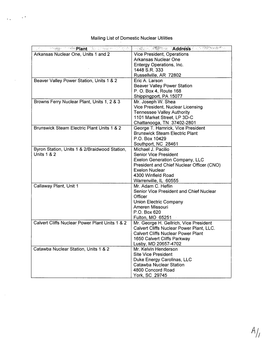 Mailing List of U.S. Domestic Nuclear Utilities