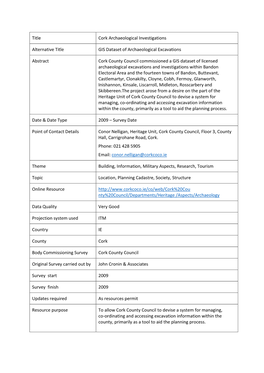Title Cork Archaeological Investigations Alternative Title GIS