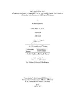 The Gospel for the Poor: Reimagining the Church’S Engagement with the Poor in Conversation with Clement of Alexandria, John Chrysostom, and Gregory Nazianzen