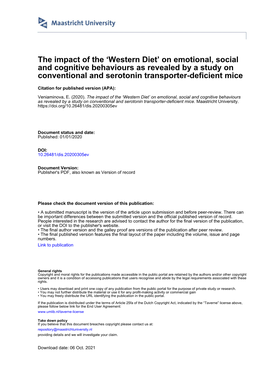 Western Diet’ on Emotional, Social and Cognitive Behaviours As Revealed by a Study on Conventional and Serotonin Transporter-Deficient Mice